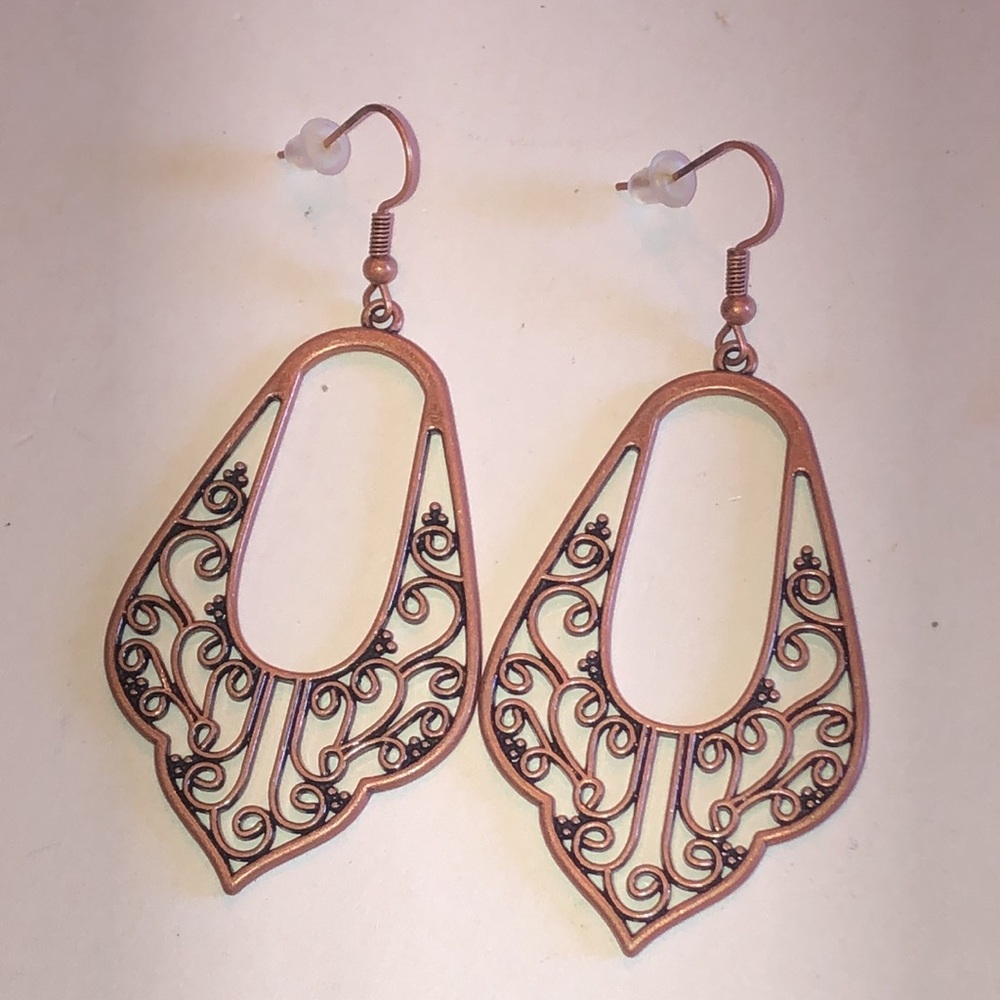 Copper Tone Filigree Teardrop Dangle Earrings